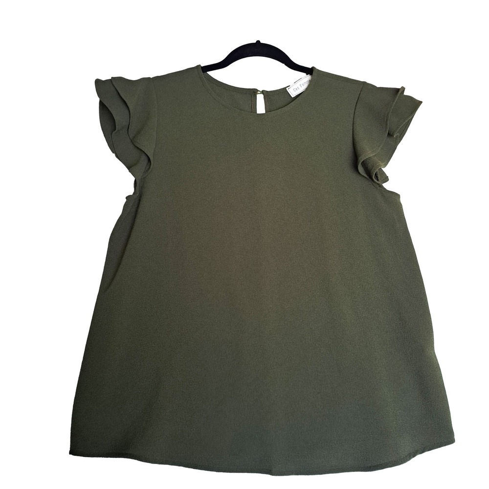 Ces Femme Olive Green Ruffle Sleeve Blouse Womens Medium Casual Top